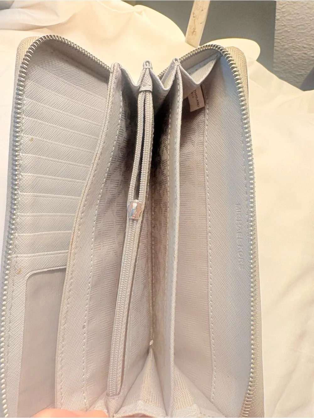 Michael Kors Light Gray Saffiano Zip Wallet with Silver Hardware